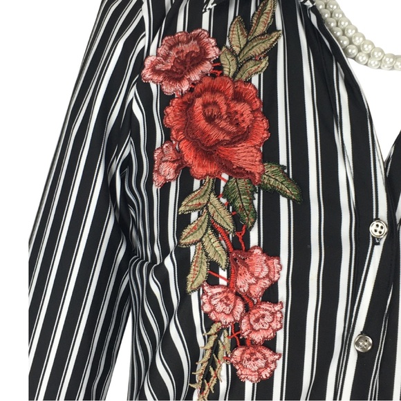 Mlle Gabrielle Black White Striped Stretch Button Down Shirt Dress size  Small - Picture 9 of 16